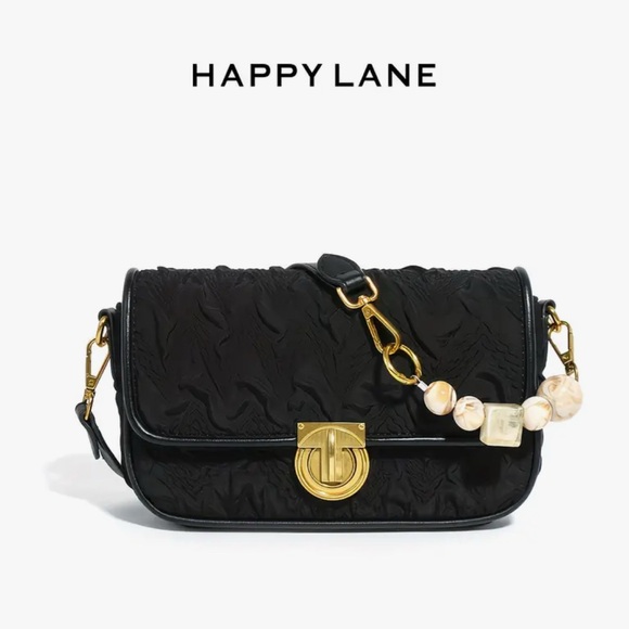 Black Ruched Textured Flap Crossbody Bag Gold Turn Lock Stone Bead Strap NIP - Picture 5 of 7